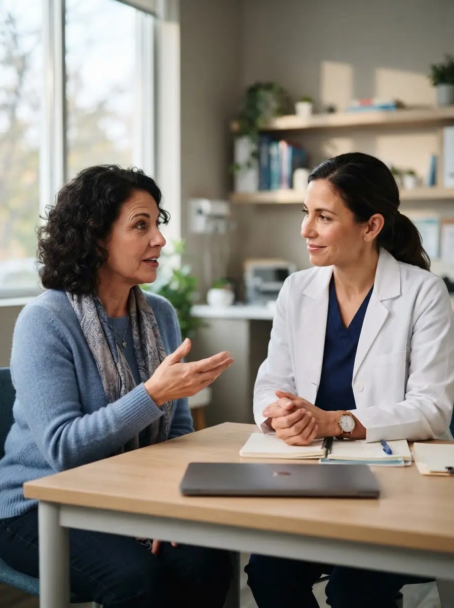Doctor and patient communicating in a clinical setting, illustrating medical interpretation services and HIPAA compliance.