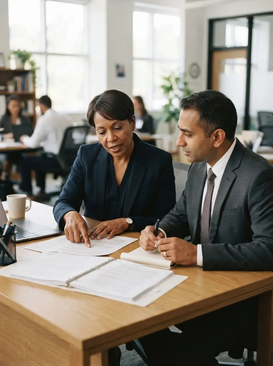 Government officials and Bond Enterprise Language Services representative reviewing documents for secure language solutions.