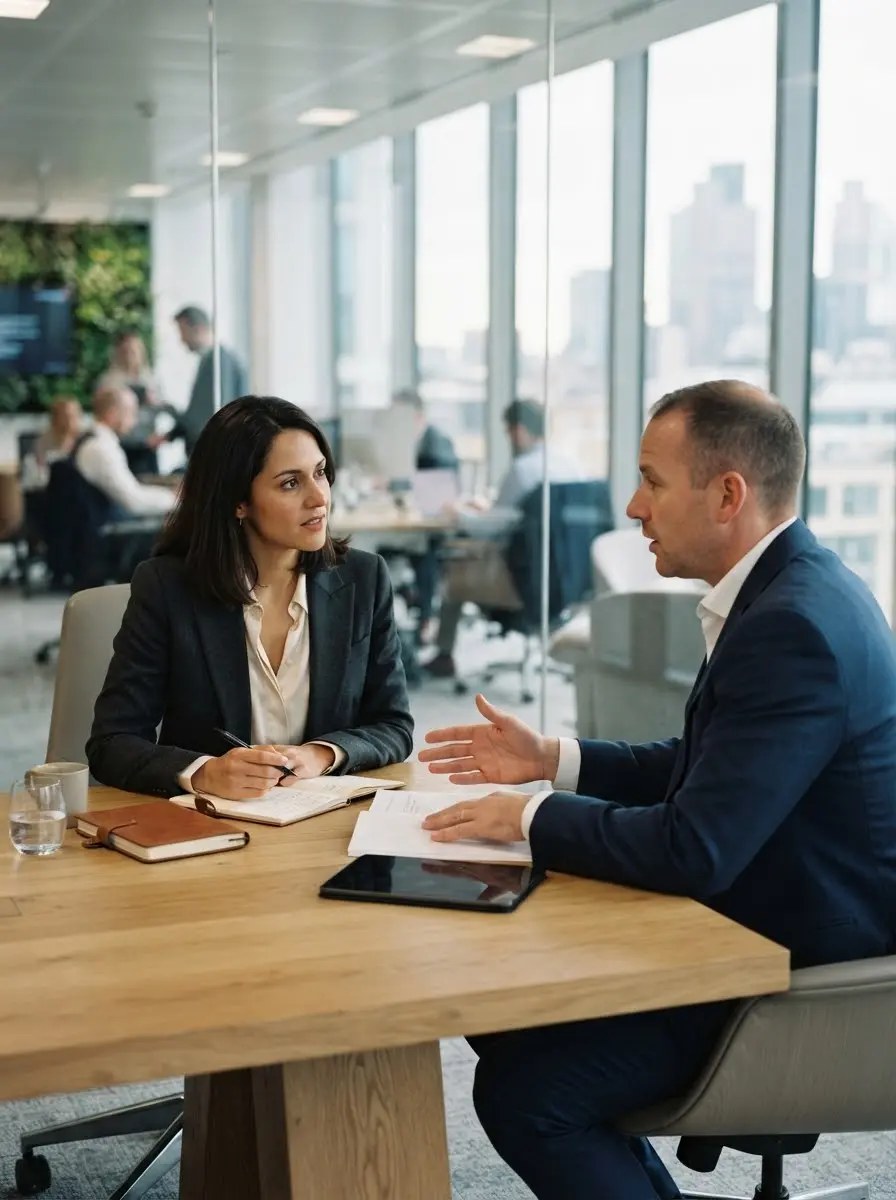 Business professionals discussing corporate language solutions in a modern office setting.