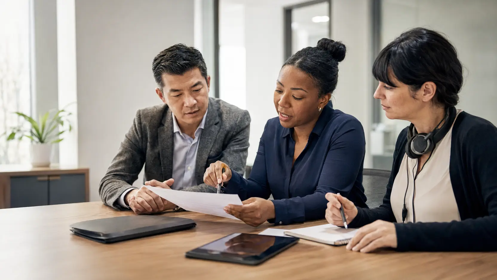 Professional linguists collaborating on translation and interpretation services for Bond Enterprise Language Services.