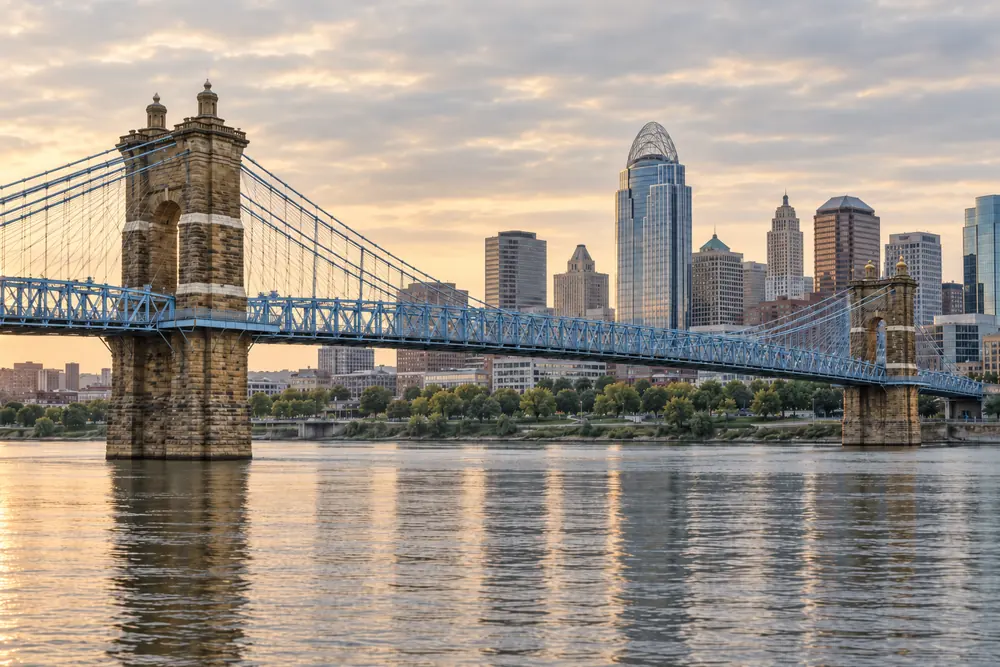 The Roebling Suspension Bridge over the Ohio River with the Cincinnati skyline