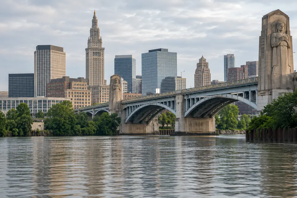 Terminal Tower and the Cleveland skyline beyond the Hope Memorial Bridge