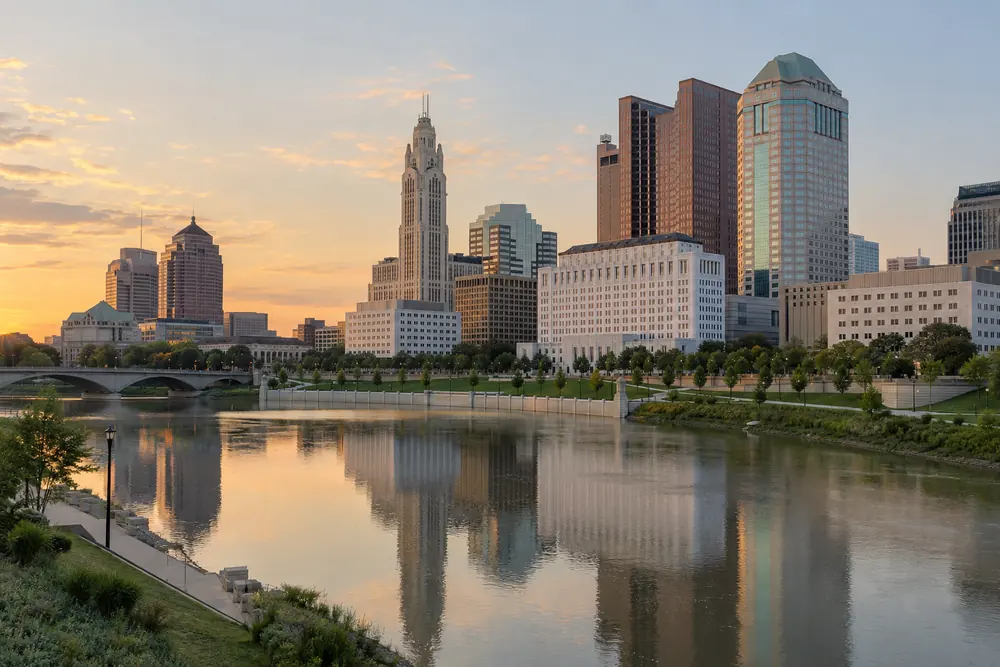 The LeVeque Tower and Columbus skyline reflected in the Scioto River