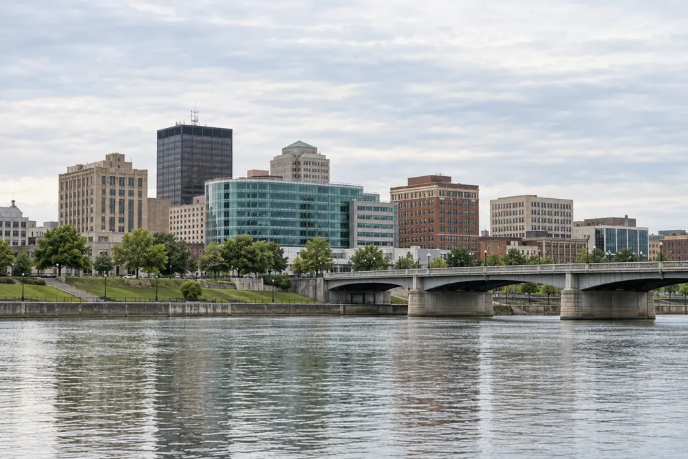 The downtown Dayton skyline across the Great Miami River