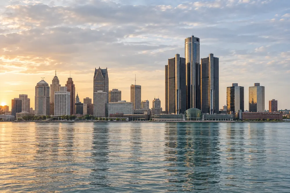 The Renaissance Center and Detroit skyline seen across the Detroit River