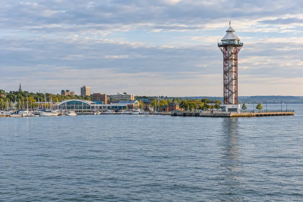 The Bicentennial Tower on the Erie waterfront with Lake Erie beyond