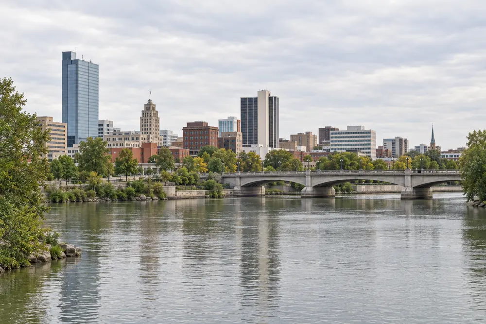 The downtown Fort Wayne skyline across the St. Marys River