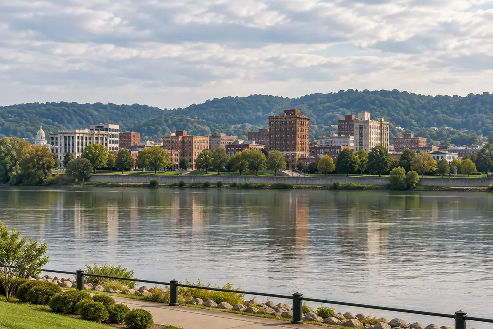 Downtown Huntington on the Ohio River with the Appalachian hills behind