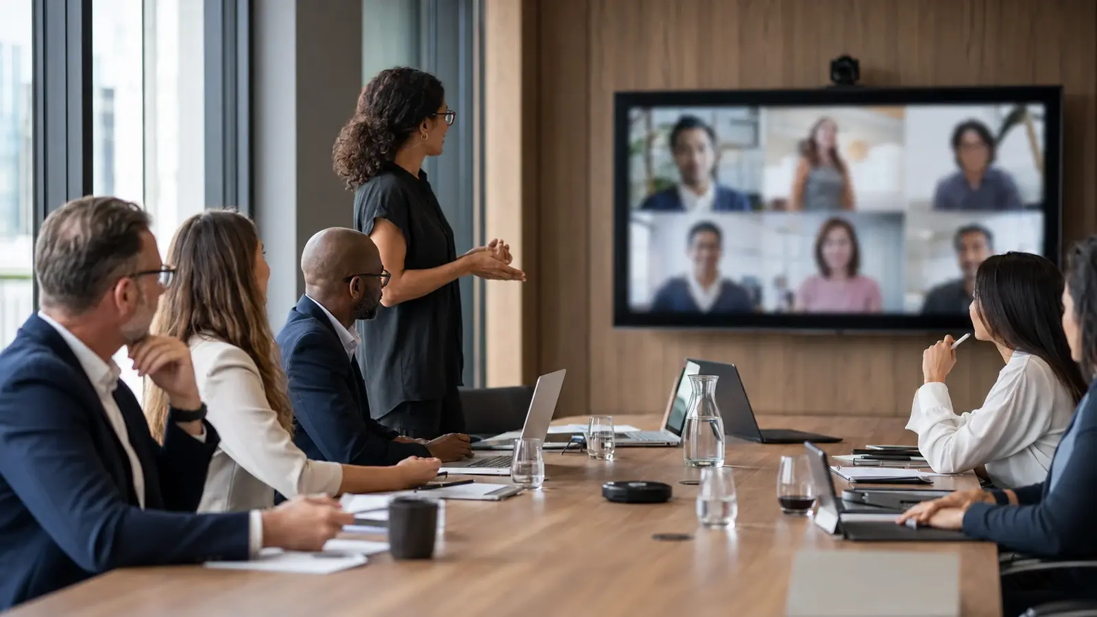 Enterprise team in a boardroom meeting with remote participants