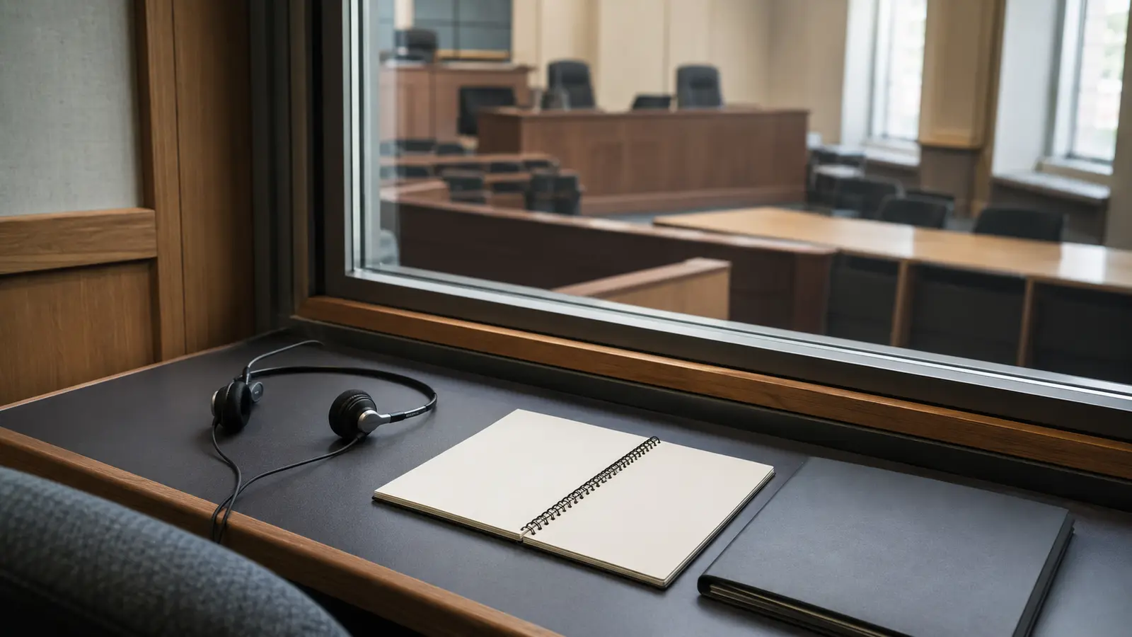 Courtroom setting and interpretation equipment for secure government communication.