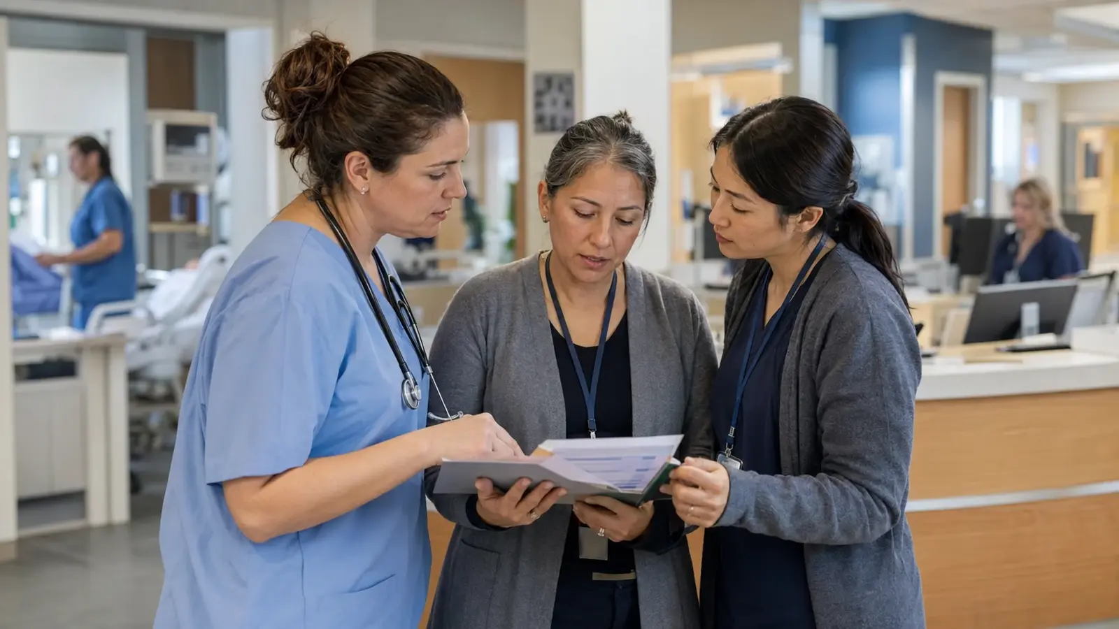 Medical professionals and interpreter reviewing patient records in a hospital setting, ensuring HIPAA-compliant communication.