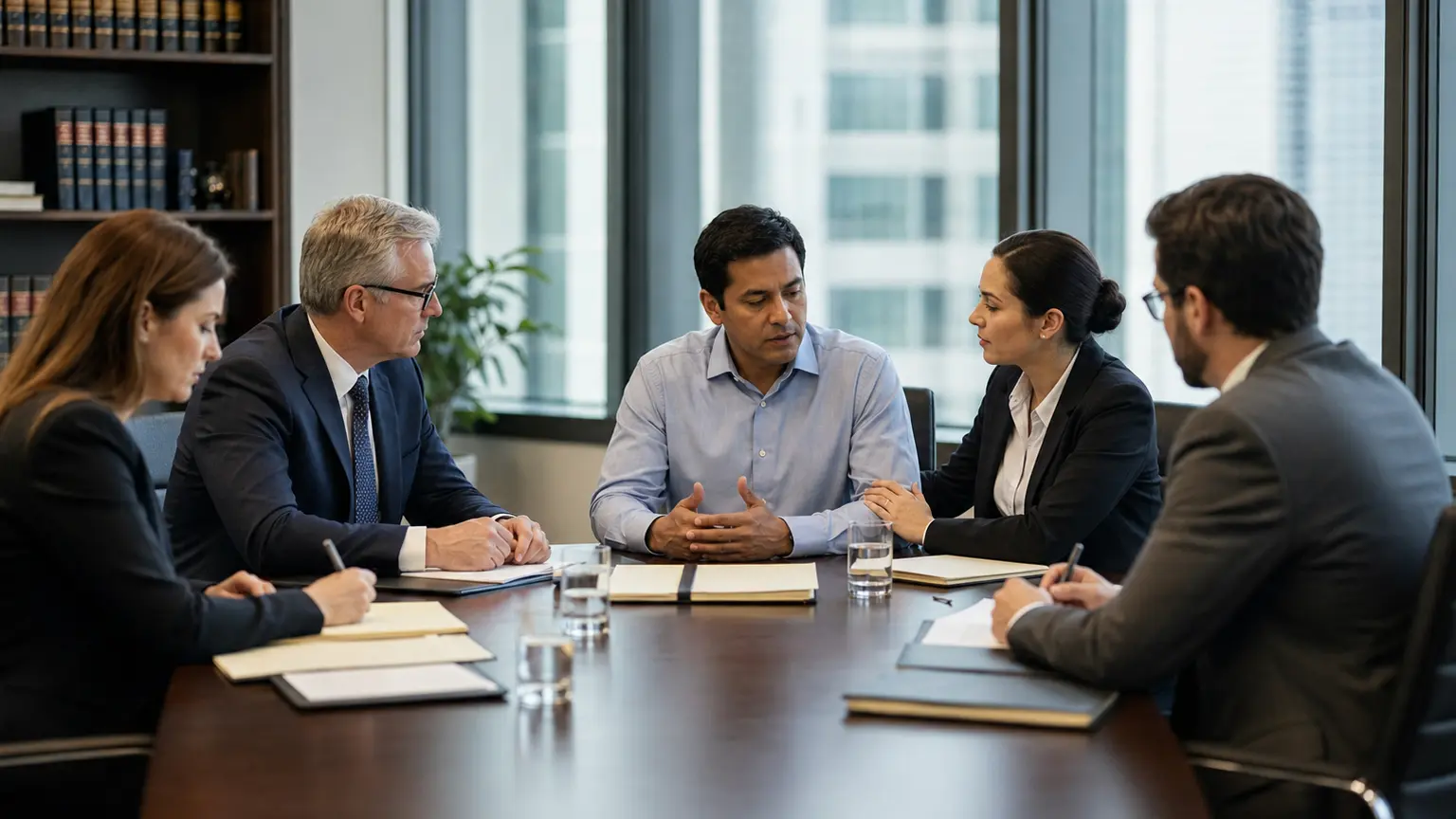 Legal professionals collaborating around a conference table for judicial interpretation and certified translation services.