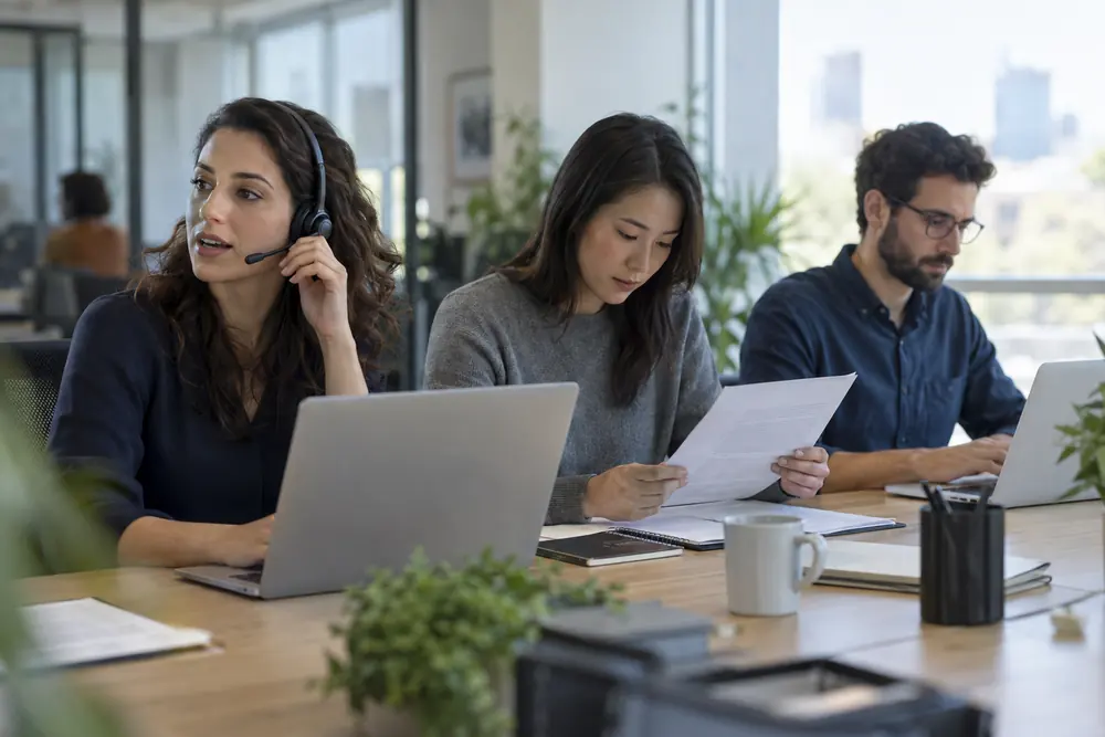 Language service coordinators arranging interpreter bookings in a downtown office