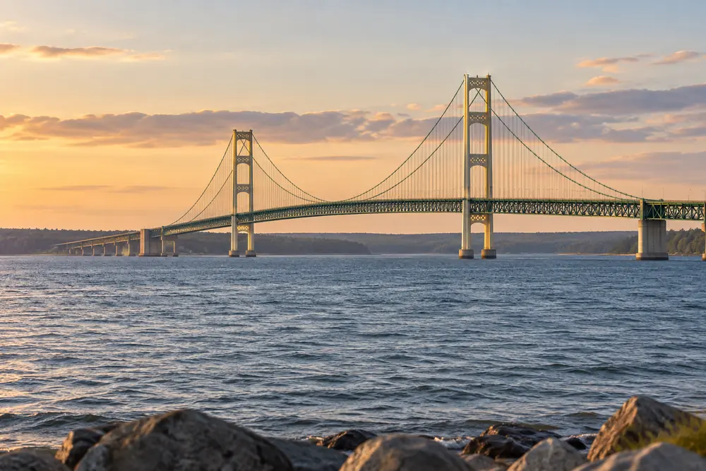 The Mackinac Bridge spanning the Straits of Mackinac in northern Michigan