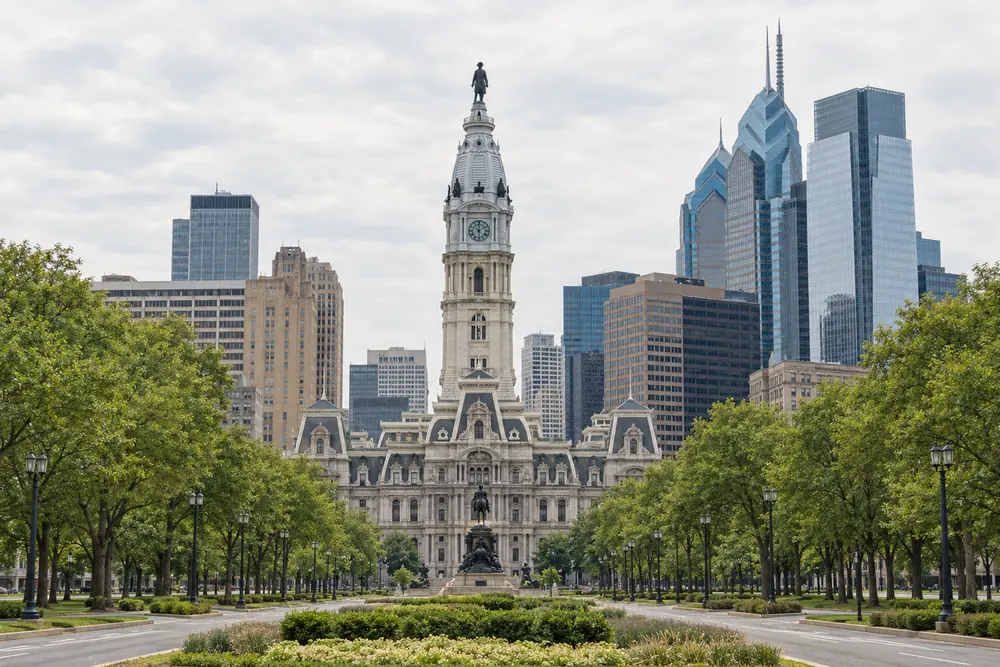 Philadelphia City Hall and its clock tower seen along the Benjamin Franklin Parkway