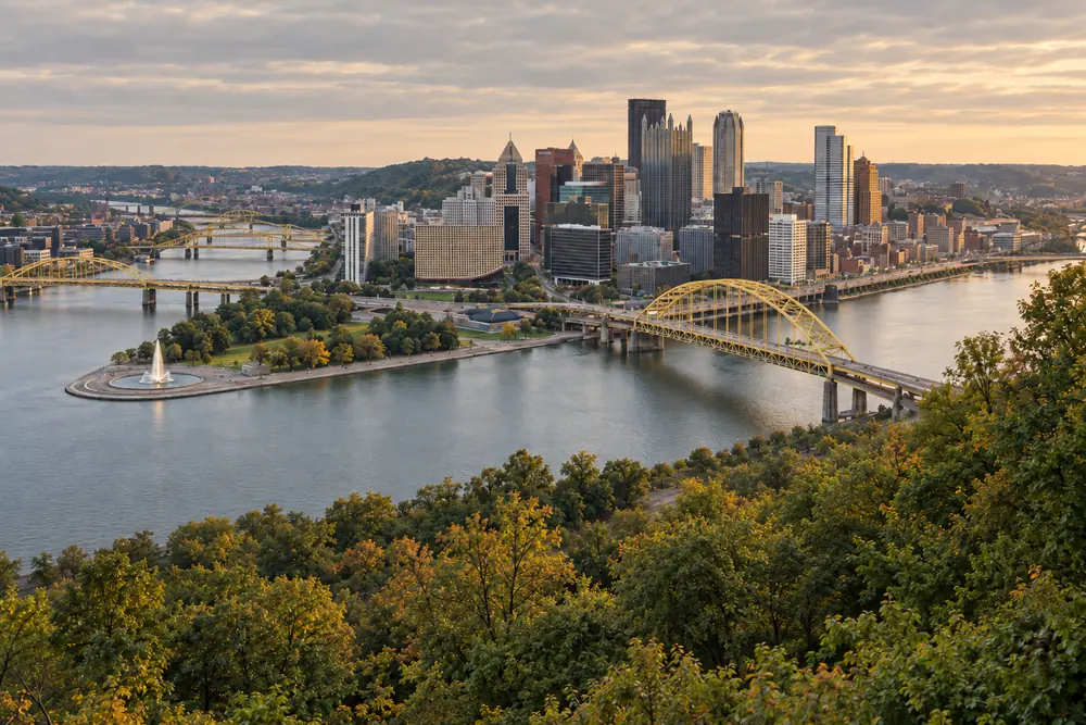 Downtown Pittsburgh at the confluence of the three rivers, seen from above