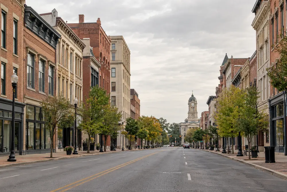 Historic brick storefronts along the main street of downtown Springfield, Ohio