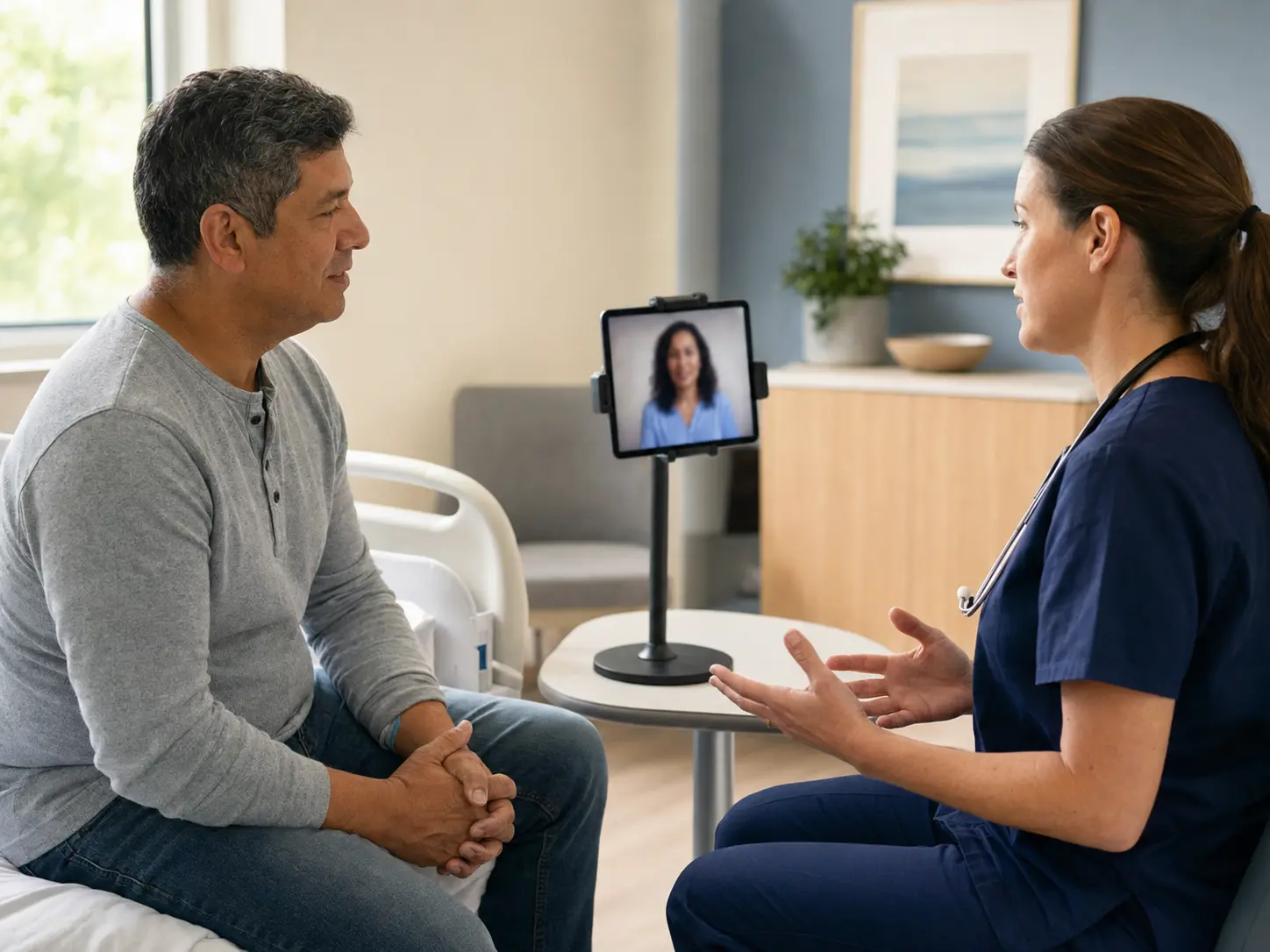 Video remote interpretation facilitating communication between healthcare provider and patient.