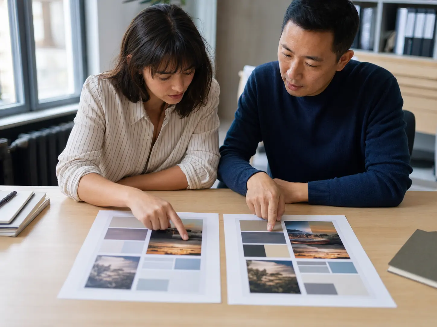 Colleagues comparing localized versions of the same campaign material