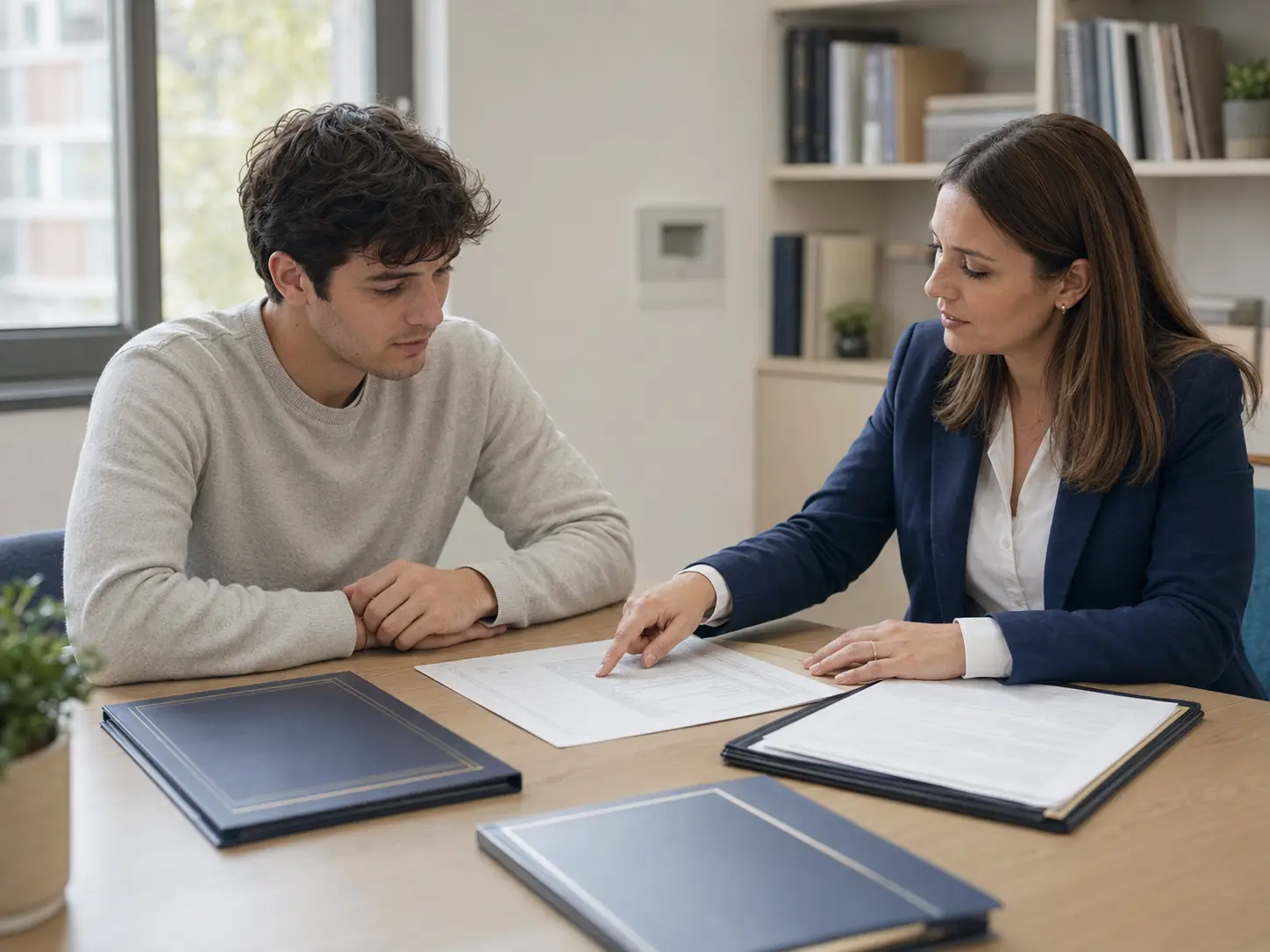 Graduate and administrator reviewing academic records for certified translation