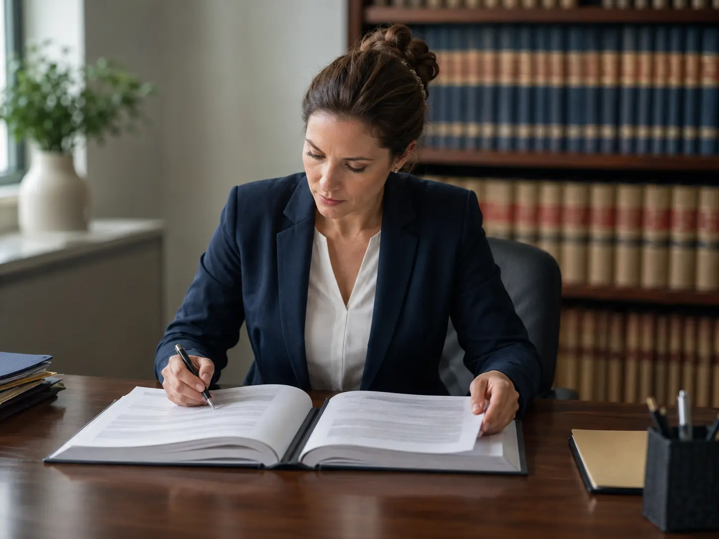 Legal professional comparing two bound documents for certified translation