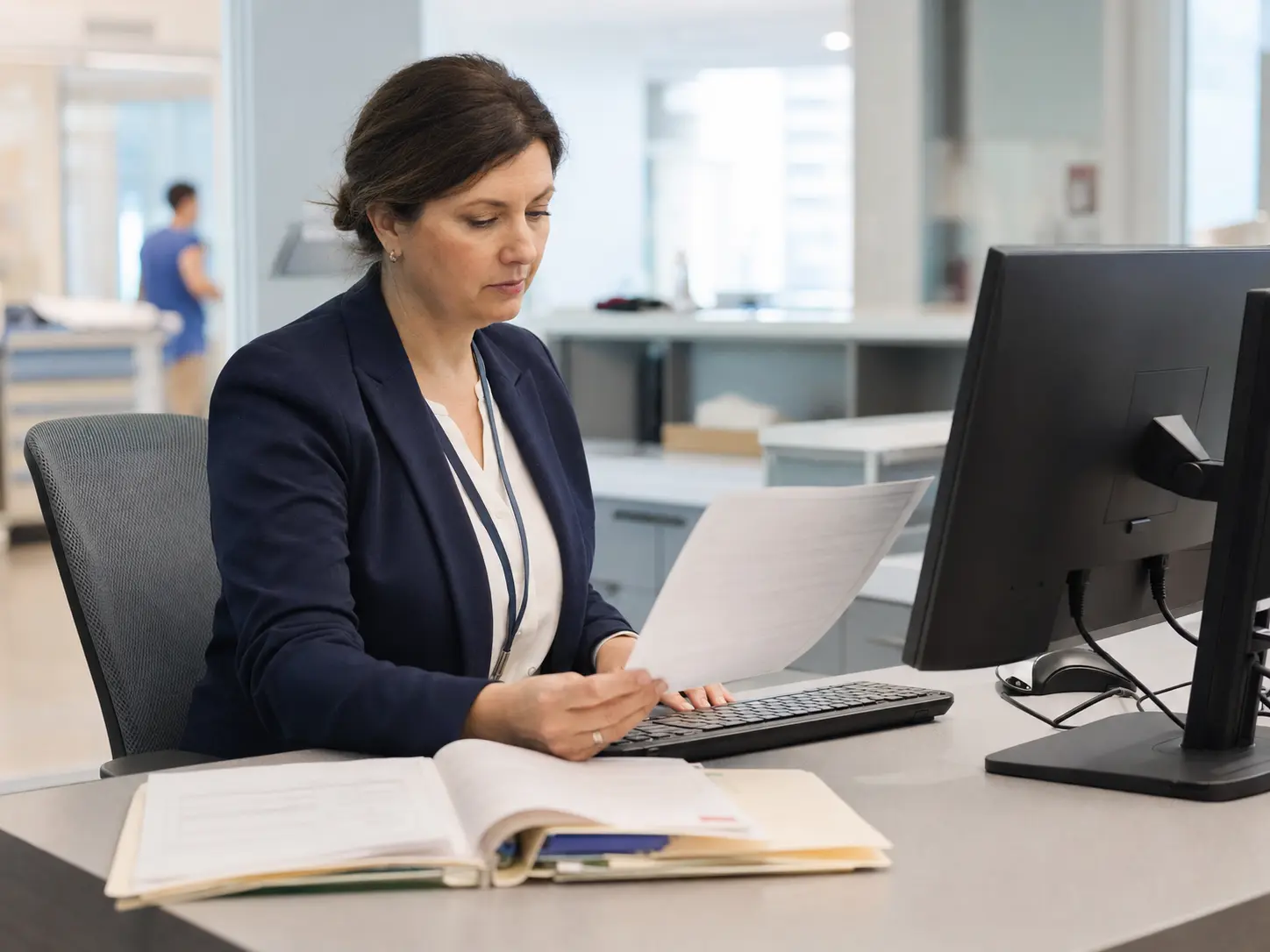 Healthcare administrator reviewing clinical records for certified translation