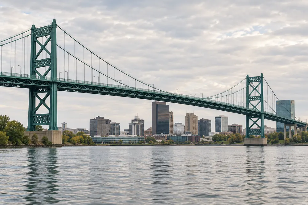 The green Anthony Wayne Bridge over the Maumee River at Toledo