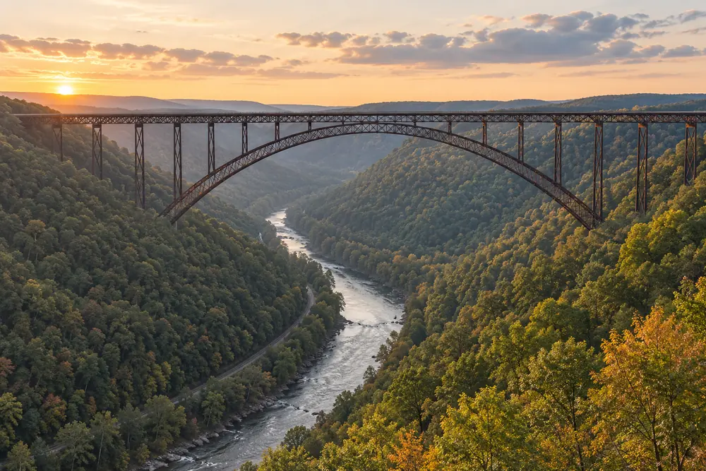 The New River Gorge Bridge arching over the forested New River Gorge